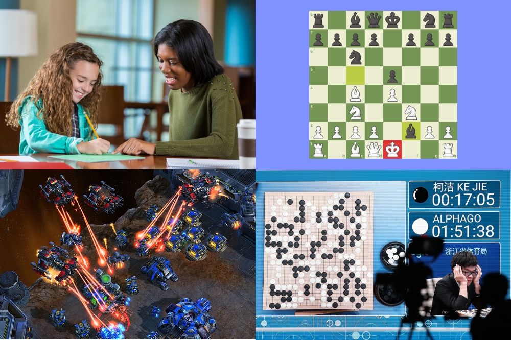 A collage of one-to-one tutoring, chess, StarCraft and an AlphaGo match.