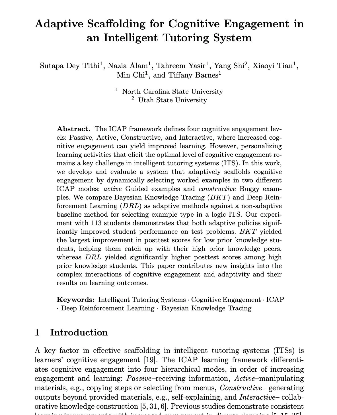 First-page excerpt of Adaptive Scaffolding for Cognitive Engagement in an Intelligent Tutoring System.