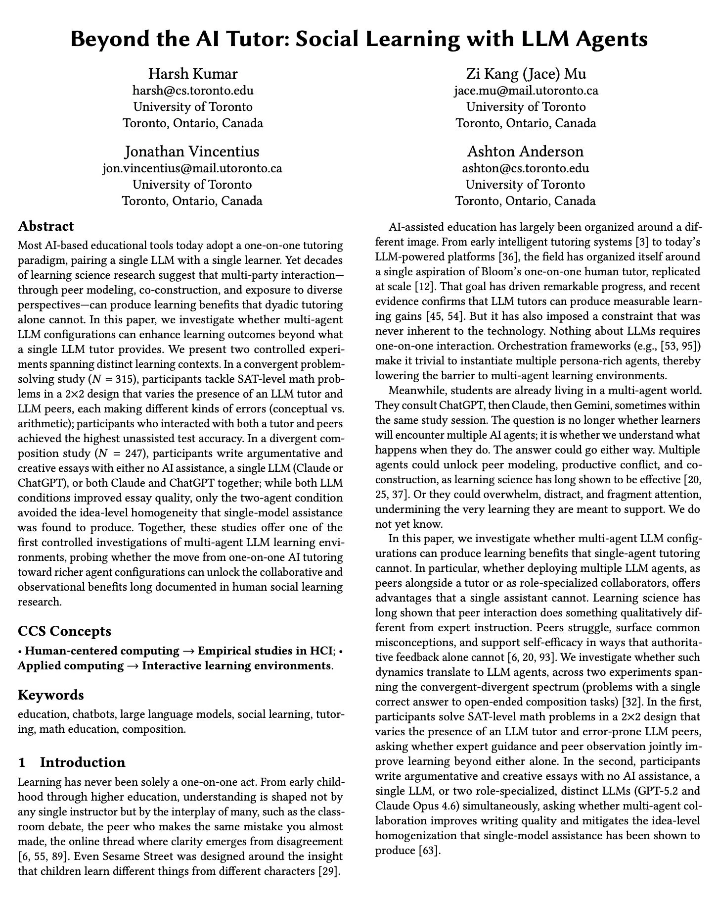First-page excerpt of Beyond the AI Tutor: Social Learning with LLM Agents.