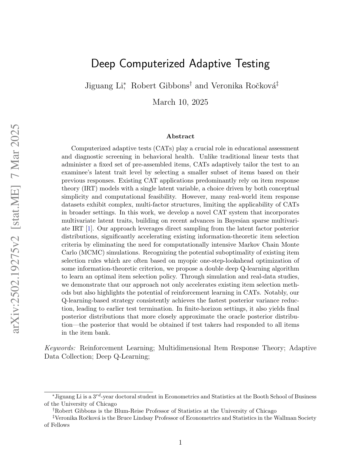 First page of Deep Computerized Adaptive Testing, by Jiguang Li, Robert Gibbons and Veronika Rockova.
