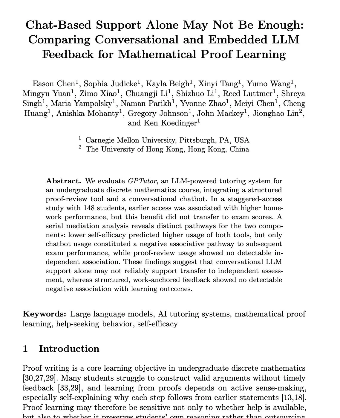 First-page excerpt of Chat-Based Support Alone May Not Be Enough: Comparing Conversational and Embedded LLM Feedback for Mathematical Proof Learning.