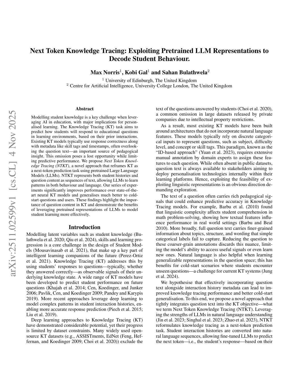 First page of Next Token Knowledge Tracing, by Max Norris, Kobi Gal and Sahan Bulathwela.