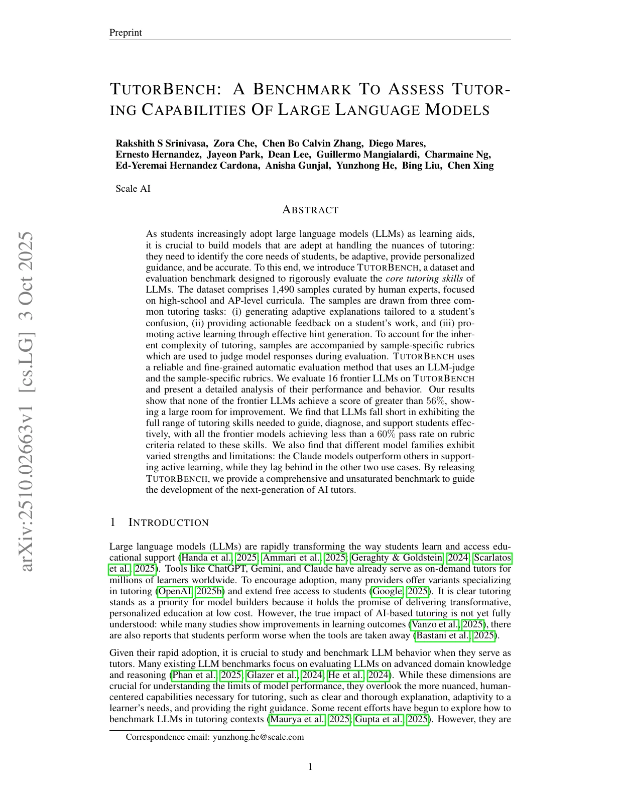 First page of TutorBench: A Benchmark to Assess Tutoring Capabilities of Large Language Models, by Rakshith S Srinivasa and colleagues.
