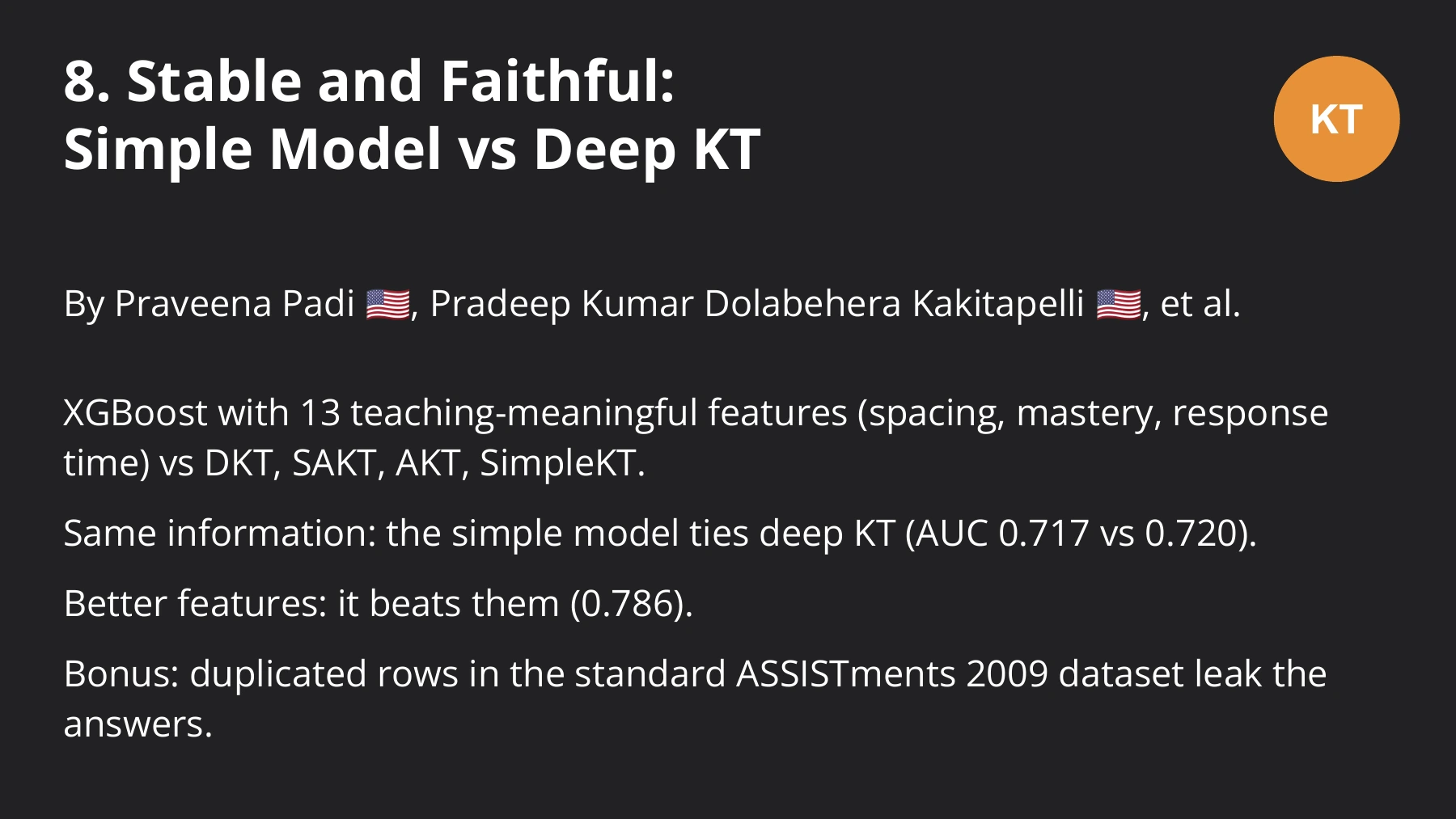 A simple model can match deep knowledge-tracing models when both receive the same information. Better features improve the result further.
