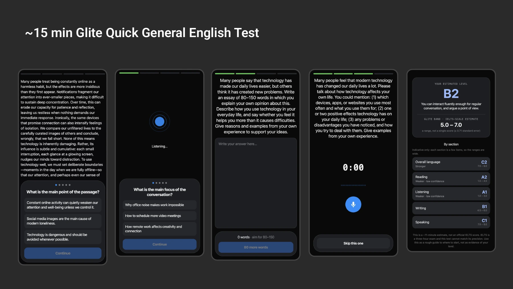 Glite’s quick general-English assessment, designed as a roughly fifteen-minute progress measure and still under development.
